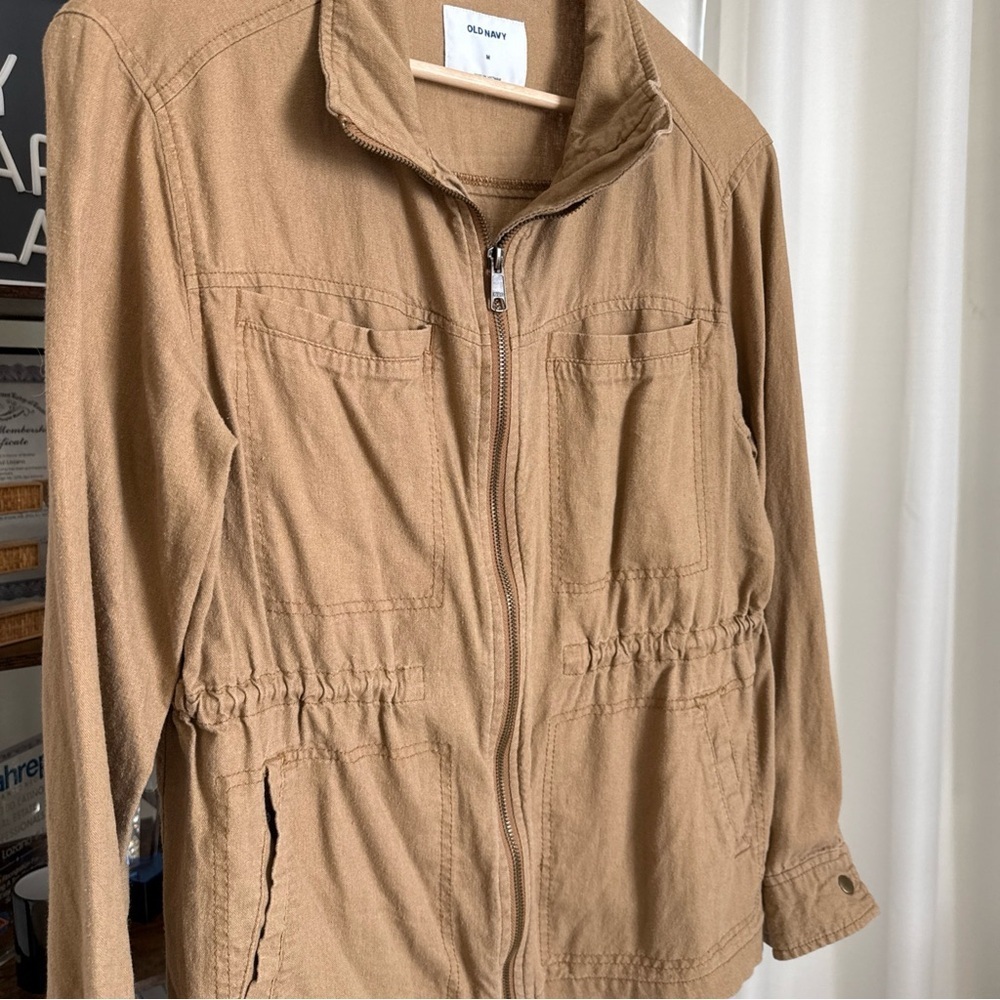 Old Navy Mock Neck Linen Blend Utility Jacket Women’s Size M Lightweight Zip - Picture 4 of 9